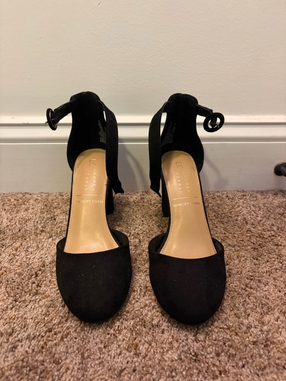 LC Lauren Conrad Black Suede Ankle-Strap Block Heels
